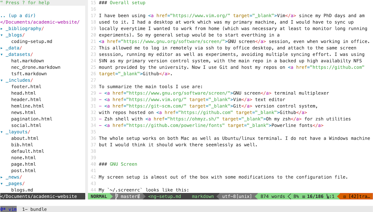 Screenshot of my shell with Vim+NERDTree and GNU screen